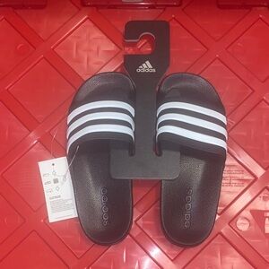 NWT Youth Adidas Black Slides with White Stripes